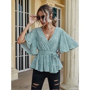 SHEIN Unity Dalmatian Print Ruffle Hem Belted Blouse